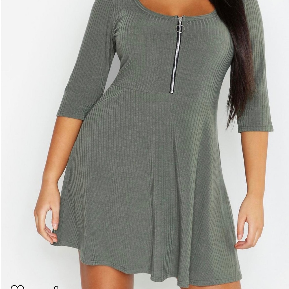 Boohoo Plus Sized Olive Ribbed Skater Dress
